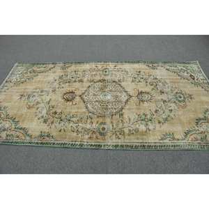 <b>Vintage</b> Classic Turkish <b>Rug</b> Beige Green 4.3 X 8.2ft Handmade Wool with Latex Backing Rectangular Patchwork Pattern for Bedside - Product Image 3