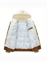 Blouson universitaire chaud pour homme avec capuche, style bomber de baseball, streetwear, fermeture éclair, marron et blanc, vêtement d'extérieur décontracté