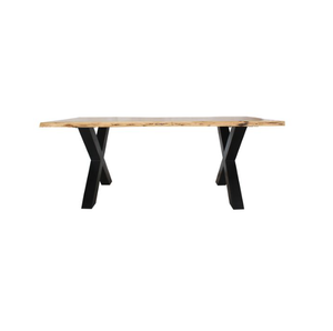 Table à manger en bois d'acacia massif avec plateau en dalle à bord vif et pieds en X en métal robuste de style industriel mesurant 200 cm - Product Image 3