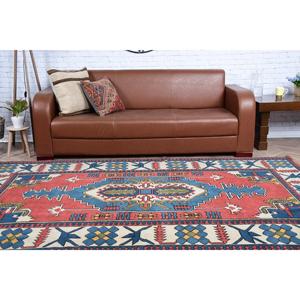 พรมตุรกีโบราณ ขนาด 5.5x8.5 ฟุต พรมลายตารางสีแดง ทำจากขนสัตว์ - Product Image 5