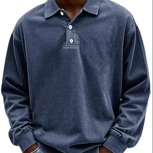 Polo de manga larga lavado con ácido de estilo retro, polo con cuello y botones, Polo cómodo de manga larga para hombre - Product Image 1