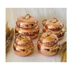 Set of 4 copper hammered cooking pot with brass handles round shape customized size cooking pot