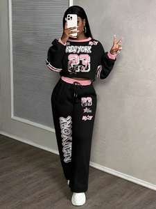 Survêtement en coton molletonné uni pour femmes, taille moyenne, grande taille, vêtements de rue d'hiver, teinture unie avec broderie, vente en gros OEM - Product Image 5