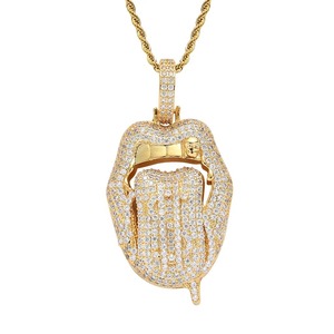 Collier pendentif lèvres Rolling Stones en Moissanite Iced Out, micro-pavé, vert, style Hip Hop - Product Image 3