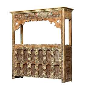 Barra de Bar Rústica Tallada con Puerta con Paneles y Toldo Floral Hechos de Madera - Product Image 1