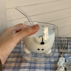 Taza de cristal de oso invertido de dibujos animados, taza de café expreso transparente marrón, tazas de café con leche de té de doble pared con pajita - Product Image 3