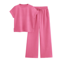 Ensembles de pulls décontractés en coton pour femmes, hauts en tricot brodés à manches courtes et pantalons plissés à jambes larges