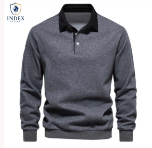 INDEX APPAREL Polo de Punto Gris de Manga Larga para Hombre, Color Sólido, Casual, con Botones, Corte Regular, Algodón Antipilling - Product Image 1