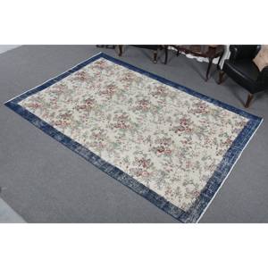 Alfombra de lana turca Vintage clásica Beige azul 6ft8in X 10ft1in alfombra de área hecha a mano diseño de retazos felpa pila altura respaldo de látex - Product Image 2