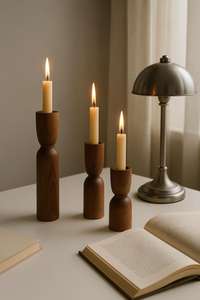 Dark Minimalist Wooden <b>Candle</b>, Candlestick Holders <b>Set</b> of 3 Rustic Wedding Table, Shelf Decor, Handmade Wooden <b>Gifts</b> - Product Image 5