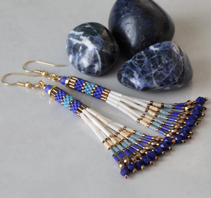 Beaded Tassel <b>Earrings</b> Miyuki Beads , <b>Blue</b>, Cobalt, Ecru Fringe Tassel <b>Earrings</b> - Gold - Long - Product Image 2