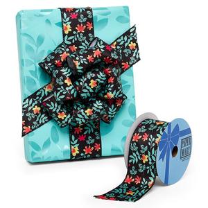 Luxury Floral Flowers & Stems on Black <b>Wire</b> <b>Ribbon</b> Polyester and Silk Material for Wedding Birthday & Halloween Gift Wrapping - Product Image 1