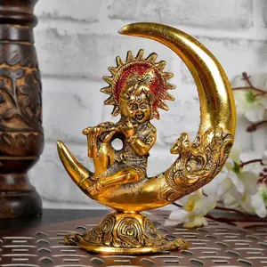 Dekorasi buatan tangan India Dewa Krishna On Moon Playing Basuri Flute Idol untuk dekorasi rumah dan kantor kuil