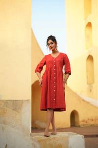 Vestido Midi bohemio de algodón 100% con botones, Color sólido, manga larga, cuello en V, ecológico, transpirable, lavable, ropa informal para todas las estaciones - Product Image 4