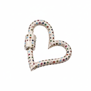 <b>Heart</b> Shape Carabiner Lock 925 <b>Sterling</b> <b>Silver</b> Rhodium & Gold Plated Claw Setting Multi-Color CZ - Product Image 1