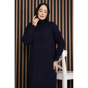 Navy Blue Maxi A-Line <b>Dress</b> Textured Knit Casual Modest Style Simple Fashion Print <b>Loose</b> Winter Made Viscose Nylon Washable - Product Image 2