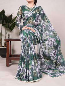 Saree léger en georgette en fausse fourrure avec motif floral, blouse respirante à bordure en dentelle perlée pour toutes les occasions - Product Image 5
