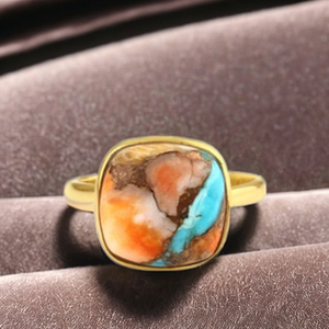 Mohave de 12mm, turquesa, ostra espinosa, chapado en oro de 18 quilates, delicado anillo de cojín de diseñador bohemio, plata esterlina fina, su anillo de piedras preciosas - Product Image 4