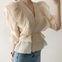 Chemisier/Top décontracté à col roulé pour femme, collection Printemps 2024, broderie, manches longues, design vintage, logo frontal, respirant, anti-rétrécissement, ODM
