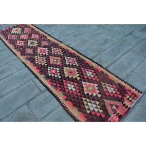 Alfombra Vintage de 2.9x10.3 pies, Alfombra Turca, Alfombra Oriental de Lana Roja Marrón - Product Image 1