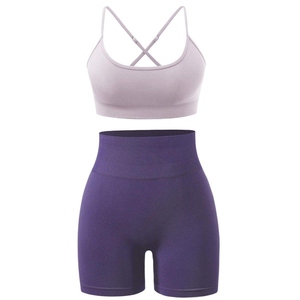 Conjunto de sujetador y pantalones cortos deportivos sin costuras de algodón para mujer, ropa deportiva para gimnasio, traje de Yoga de dos piezas con patrón sólido de alta calidad - Product Image 3