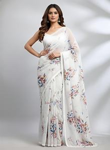 Saree Fabric: Heavy Marshmallow blooming Georgette saree with multi colored digital print swirowski work allover saree - Product Image 4