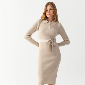 Elegante y cómodo vestido de pana informal para mujer, cuello Polo, mangas de punto, características, patrón de cintura Natural, decoración - Product Image 1