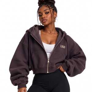Sweat à capuche court zippé pour femme, personnalisable avec logo, en molleton, style streetwear, vente en gros, OEM - Product Image 2