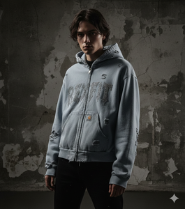 Sweat à capuche en molleton lourd avec fermeture éclair, logo brodé personnalisé, lavage à l'acide, streetwear, imprimé, fermeture éclair intégrale, strass - Product Image 6