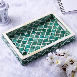 Bandeja para servir con incrustaciones de hueso Diseño de madera hecho a mano tradicional Bandeja para servir con incrustaciones de hueso con patrón floral Artesanía India - Product Image 3