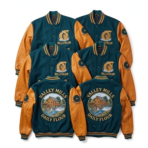Blouson universitaire personnalisé vert sarcelle avec corps en laine et manches en cuir marron miel, broderie Watermill Grist Mill, style Letterman - Product Image 1
