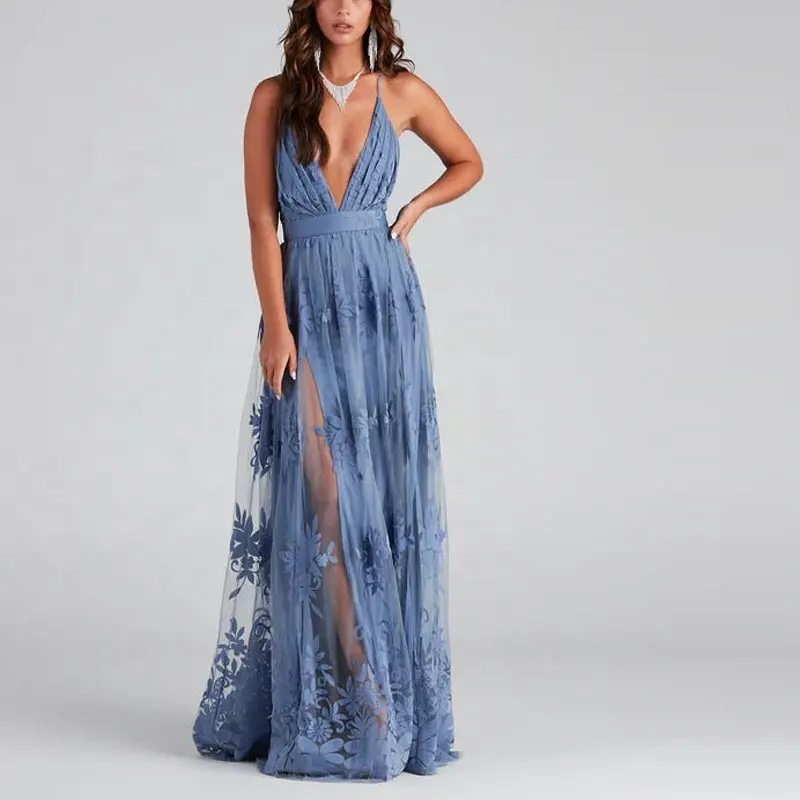 Custom Best Selling Lace Mesh Sexy V-neck Evening Sling Dress Long Dress Women's Party Elegant Dresses