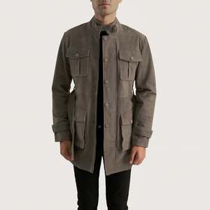 GLOBAL <b>LEATHER</b> Grey Men's Reversible Cowhide <b>Suede</b> Quilted Mandarin Collar <b>Jacket</b> High Embroidered Workwear Vintage Luxury - Product Image 1