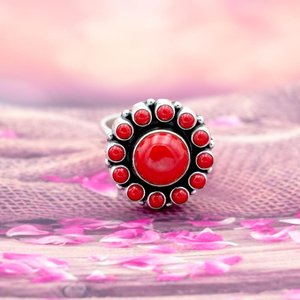 <b>925</b> Sterling <b>Silver</b> Fine <b>Ring</b> Handmade Natural Coral Vintage Oriental Design Unique Gift for Her R0163-GS - Product Image 3