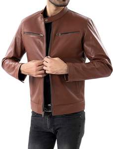 Meilleures ventes Veste marron en cuir véritable de style High Street pour hommes avec col à bouton-pression unique disponible en gros - Product Image 4
