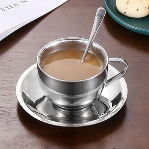 Tasse à thé et à café en acier inoxydable avec soucoupe et cuillère, vaisselle en métal de qualité alimentaire, réutilisable, vaisselle classique pour hôtel, restaurant ProX - Product Image 1