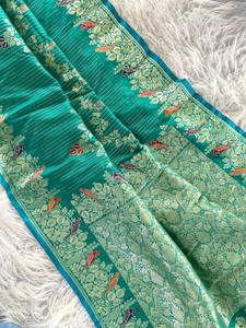 New Designer Traditional Benarasi Mushro <b>Satin</b> Silk Sarees Zari Weaving <b>Blouse</b> Teal Color Jacquard Trending Collection for - Product Image 3