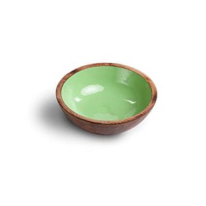 Natural Wood Round Salad Serving <b>Bowl</b> Light <b>Blue</b> Enamel Inside Set with Matching Salad Serving <b>Bowl</b> With Spoon - Product Image 3