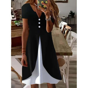 Women's Short-Sleeved V-Neck Button-Front Two-Tone <b>Viscose</b> <b>Dress</b>, 24899 - Black - Product Image 3
