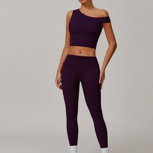Customize <b>Seamless</b> 2pcs Yoga <b>Set</b> High Support Sports Bra One Shoulder Crop <b>Top</b> Activewear Pleated Waist Yoga <b>Leggings</b> Pants <b>Sets</b> - Product Image 3