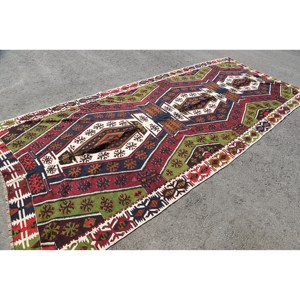 Alfombra Kilim turca Vintage de 5,8x13,4 pies, diseño de retazos rojo y verde, Material de lana, respaldo de látex, rectángulo abstracto de 10mm para vivir - Product Image 4