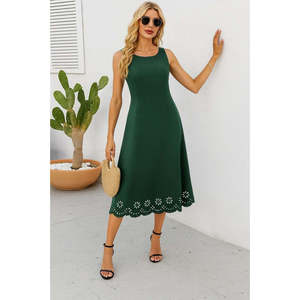 Vestido midi de crepé importado con estampado floral cortado a láser sin mangas para mujer, 34055 - Product Image 1