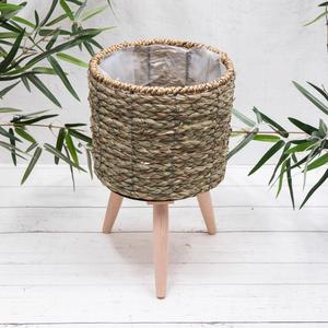 Panier de plantation en herbe de mer fait à la main avec support en bois, pot de fleurs décoratif d'intérieur - Product Image 3