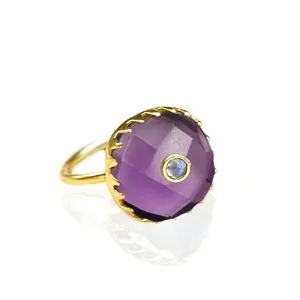 Gold Vermeil Amethyst Cushion Shape Inlay Gemstone Prong Zig Zag Setting 925 Sterling Silver Round Band Jewelry Ring