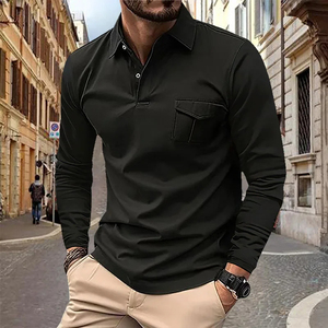 New <b>men's</b> arm zipper spring and fall leisure sports solid color <b>striped</b> pocket <b>long</b> <b>sleeve</b> polo <b>shirt</b> for <b>men</b> - Product Image 2