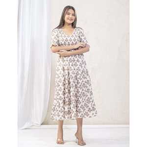 Abito in cotone stampato <span class=keywords><strong>beige</strong></span> <span class=keywords><strong>bianco</strong></span> personalizzato, taglie forti, con vita impero, taglia XS, ideale per serate in discoteca <span class=keywords><strong>e</strong></span> occasioni casual. - Product Image 5