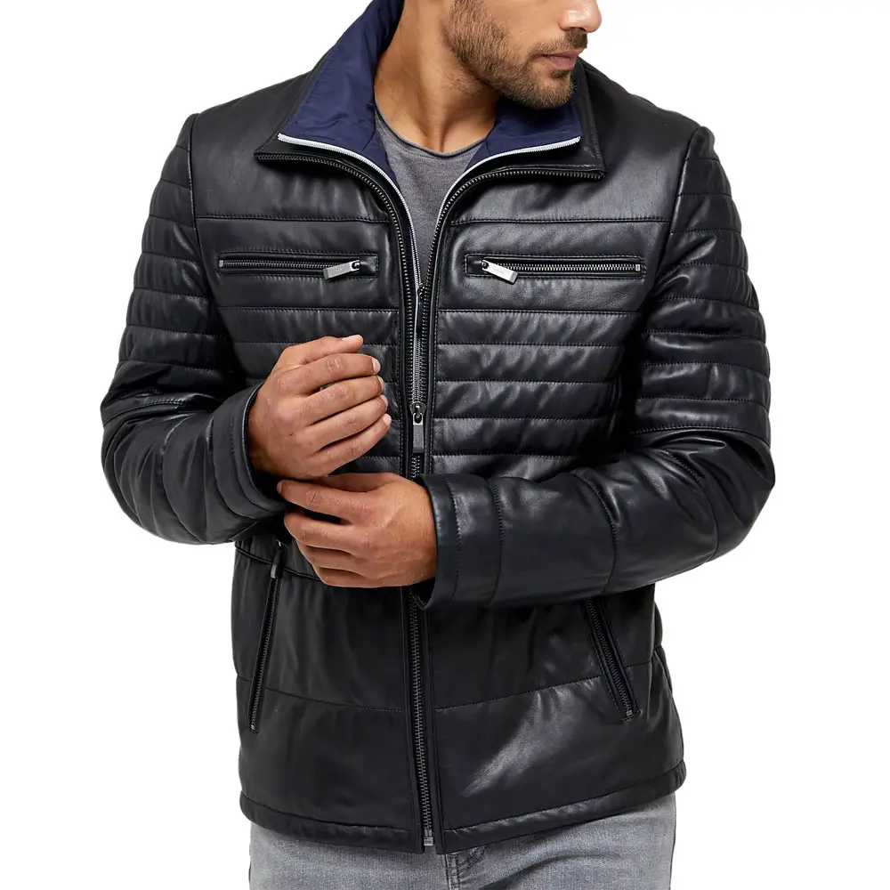 Chaqueta de cuero genuino para hombre, de alta calidad, color negro, a la moda, baja cantidad mínima, 100%