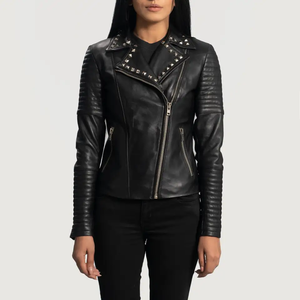 Chaqueta de motorista negra con cremallera de cuero real para mujer con forro de viscosa acolchado y chaqueta de cuero genuino para mujer interior y exterior - Product Image 1