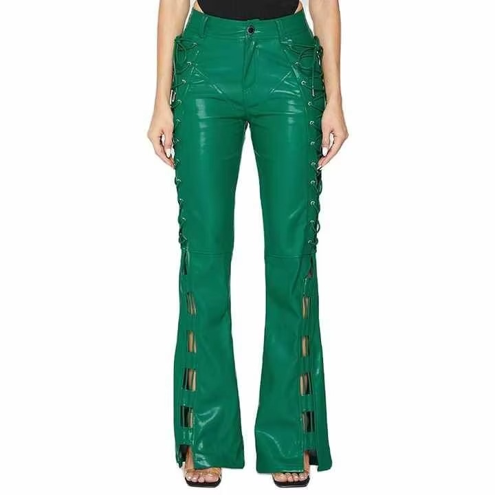 Genuine Leather Breathable Compression Pants Women's Casual Outdoor Spring Button Motor Bike Leggings with Waist Design