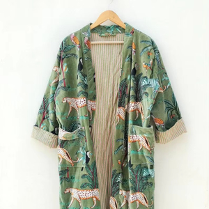 Green Jungle Print Cotton Velvet Kimono Robe Morning Tea Velvet Coat Women's Casual Bridesmaid Dress Evening Velvet Jacket - Product Image 1